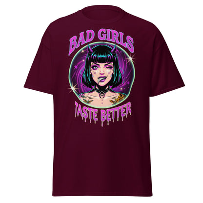 Bad Girls Taste Better T-Shirt | Edgy Neon Demon Tee - Maroon - T-Shirts Online