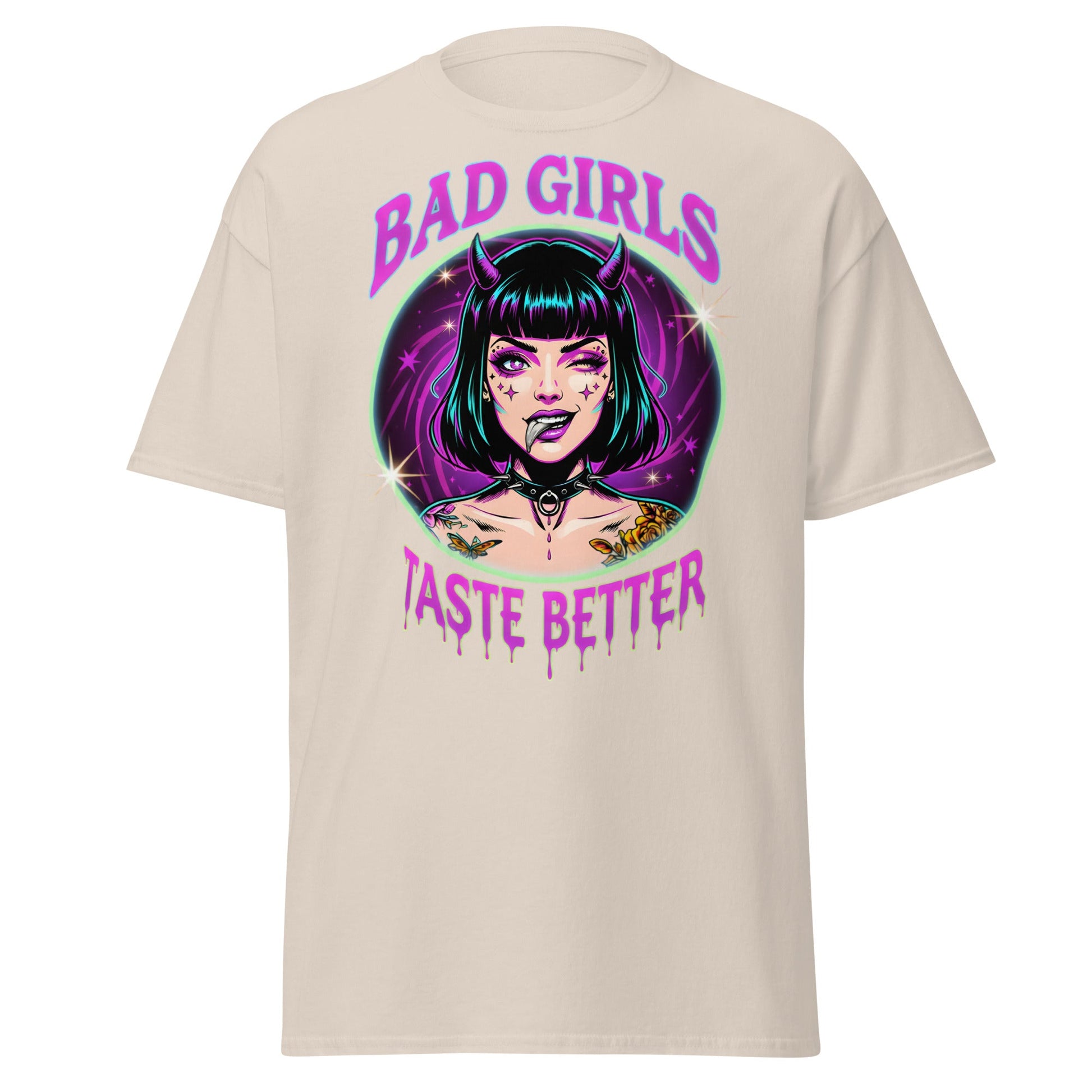 Bad Girls Taste Better T-Shirt | Edgy Neon Demon Tee - Natural - T-Shirts Online
