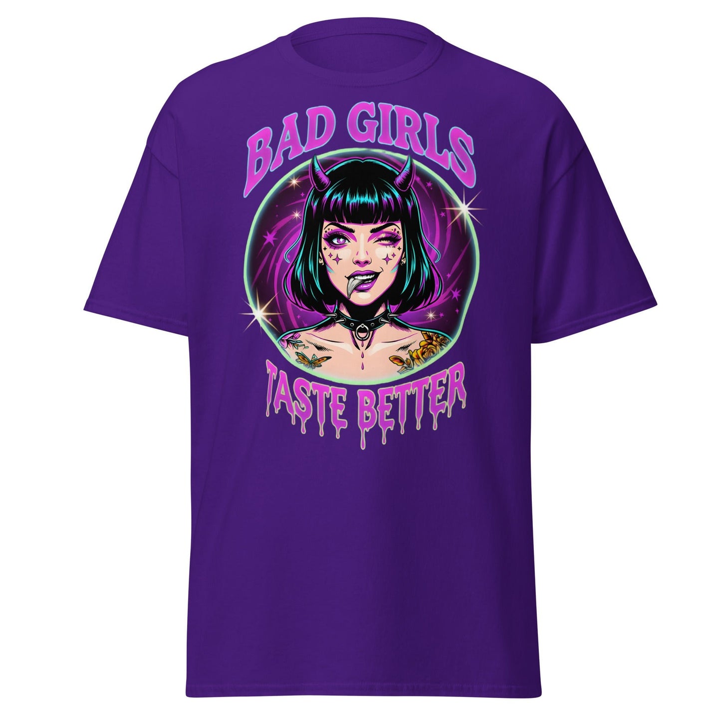 Bad Girls Taste Better T-Shirt | Edgy Neon Demon Tee - Purple - T-Shirts Online