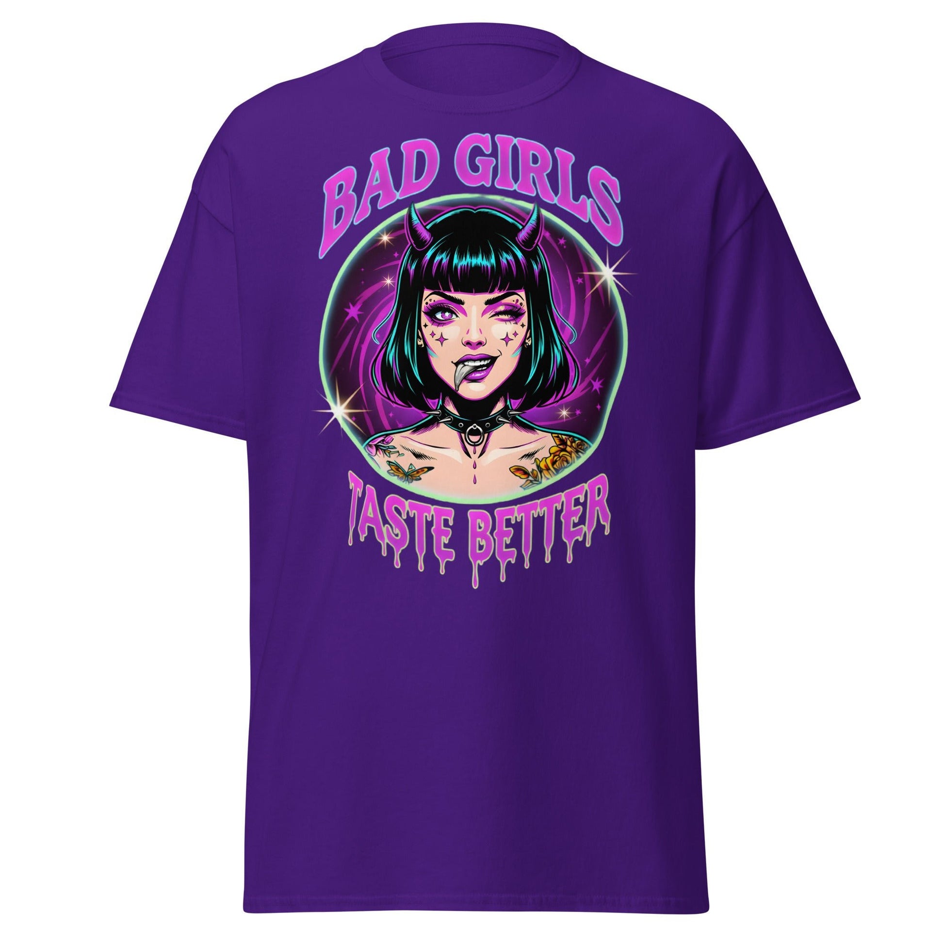 Bad Girls Taste Better T-Shirt | Edgy Neon Demon Tee - Purple - T-Shirts Online