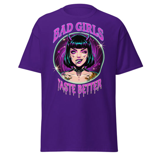 Bad Girls Taste Better T-Shirt | Edgy Neon Demon Tee - Purple - T-Shirts Online