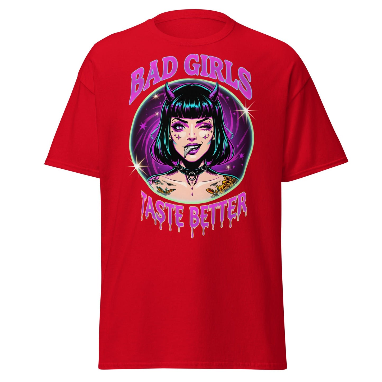 Bad Girls Taste Better T-Shirt | Edgy Neon Demon Tee - Red - T-Shirts Online