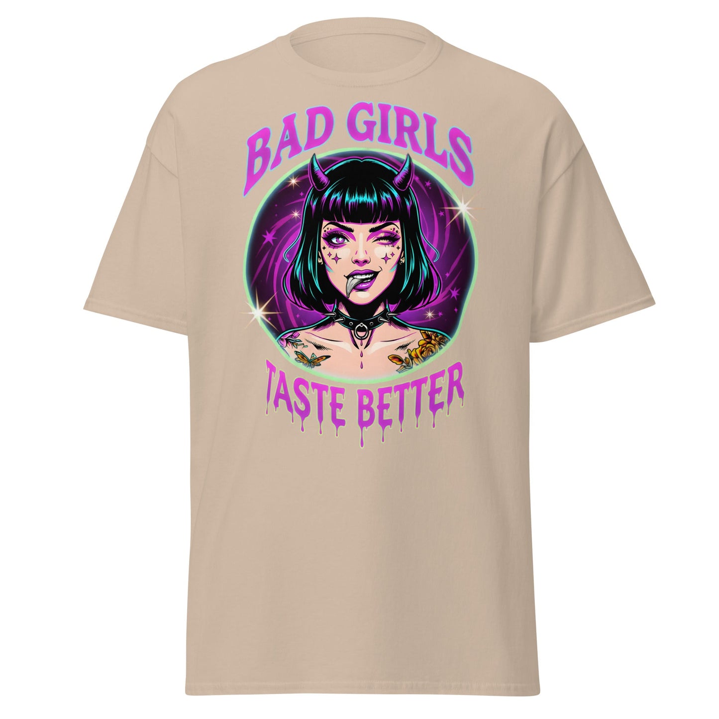 Bad Girls Taste Better T-Shirt | Edgy Neon Demon Tee - Sand - T-Shirts Online