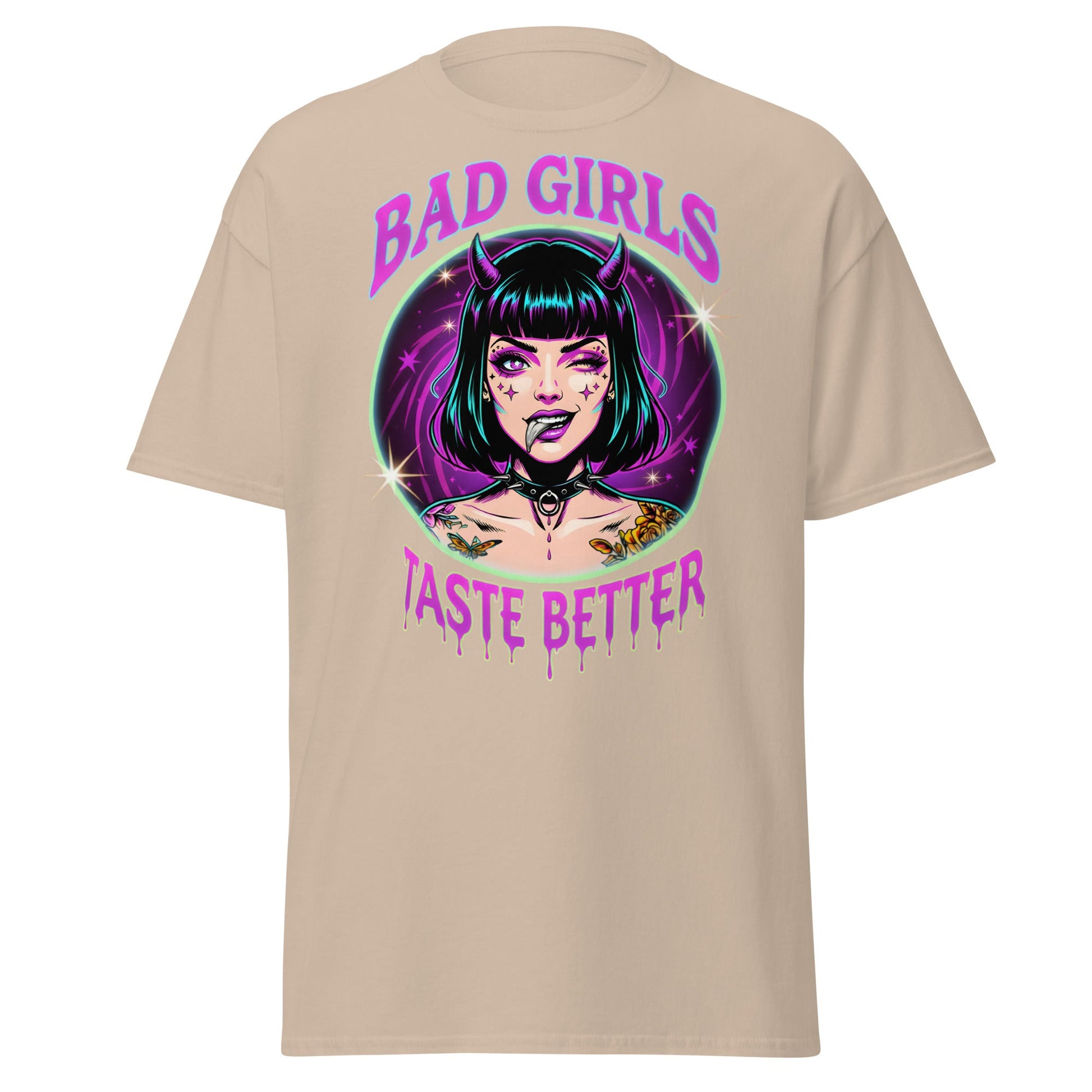 Bad Girls Taste Better T-Shirt | Edgy Neon Demon Tee - Sand - T-Shirts Online