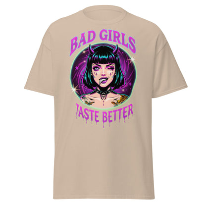 Bad Girls Taste Better T-Shirt | Edgy Neon Demon Tee - Sand - T-Shirts Online