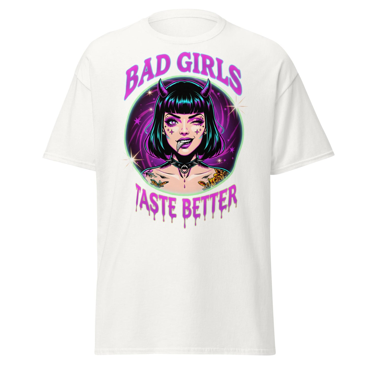 Bad Girls Taste Better T-Shirt | Edgy Neon Demon Tee - White - T-Shirts Online