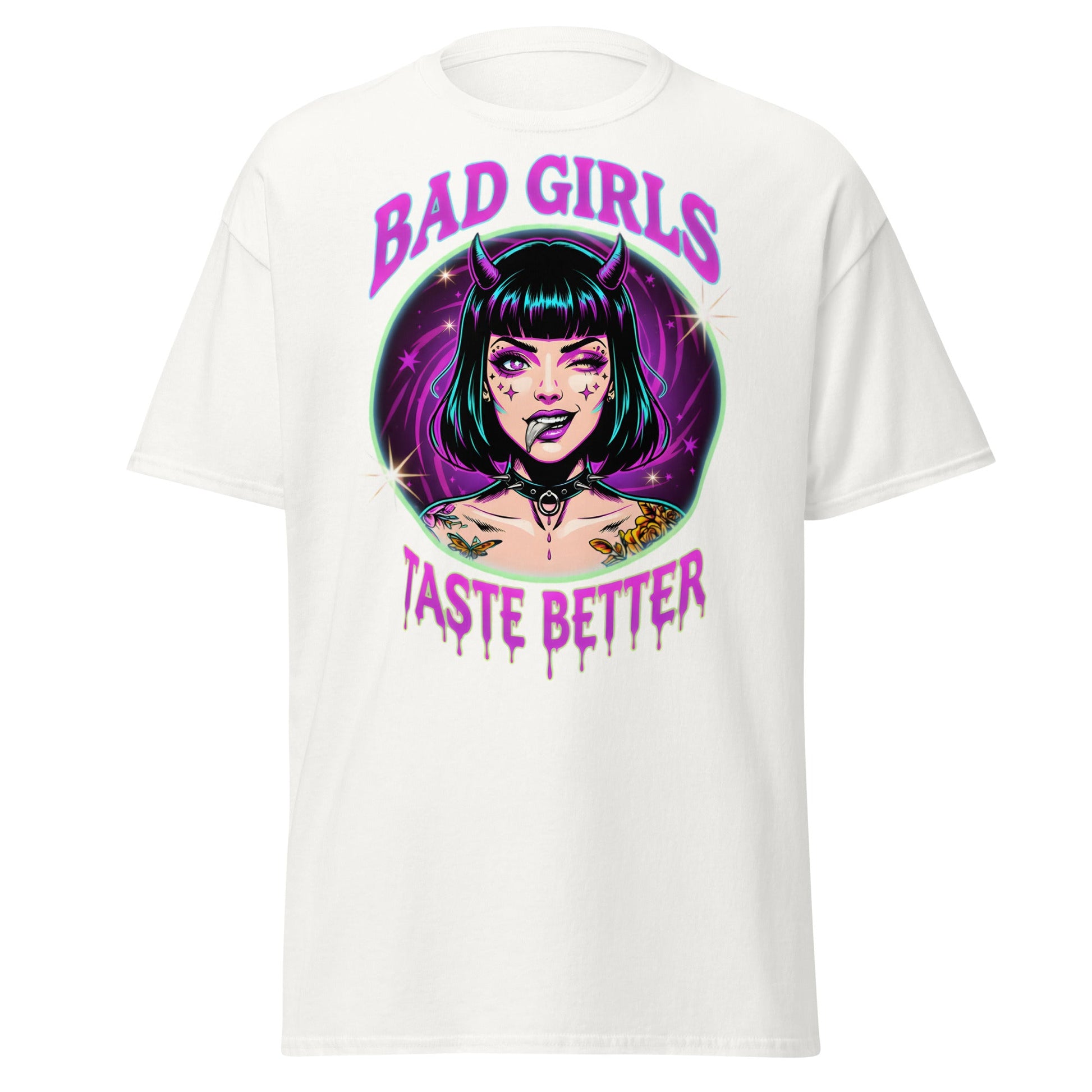 Bad Girls Taste Better T-Shirt | Edgy Neon Demon Tee - White - T-Shirts Online