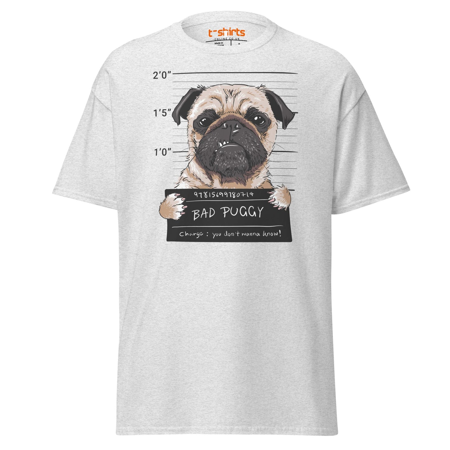 Bad Puggy T-Shirt | Funny Dog Mugshot Tee - Ash - T-Shirts Online