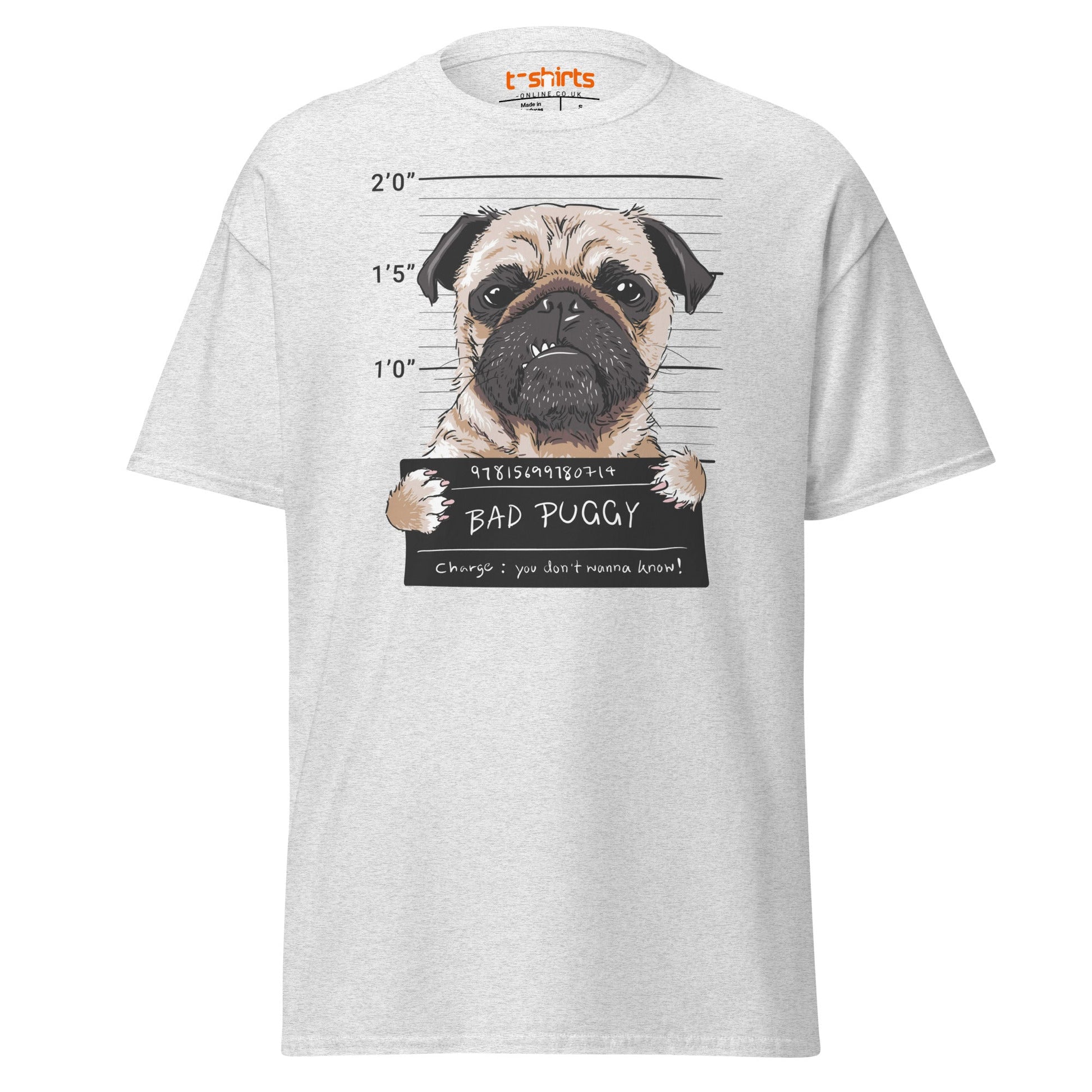 Bad Puggy T-Shirt | Funny Dog Mugshot Tee - Ash - T-Shirts Online