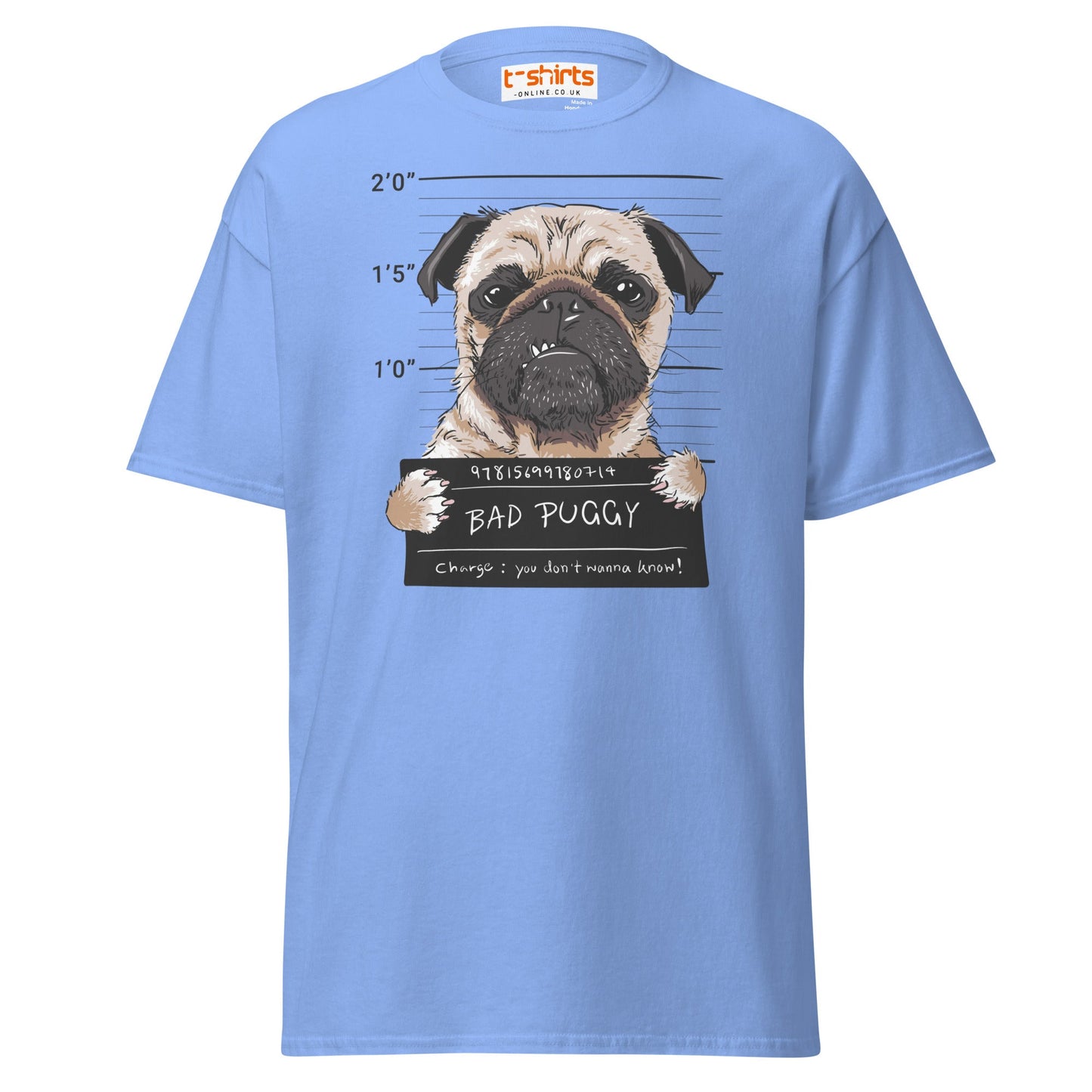 Bad Puggy T-Shirt | Funny Dog Mugshot Tee - Carolina Blue - T-Shirts Online