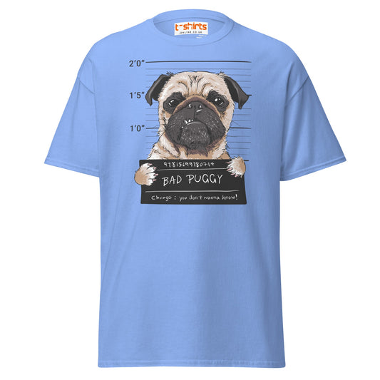 Bad Puggy T-Shirt | Funny Dog Mugshot Tee - Carolina Blue - T-Shirts Online