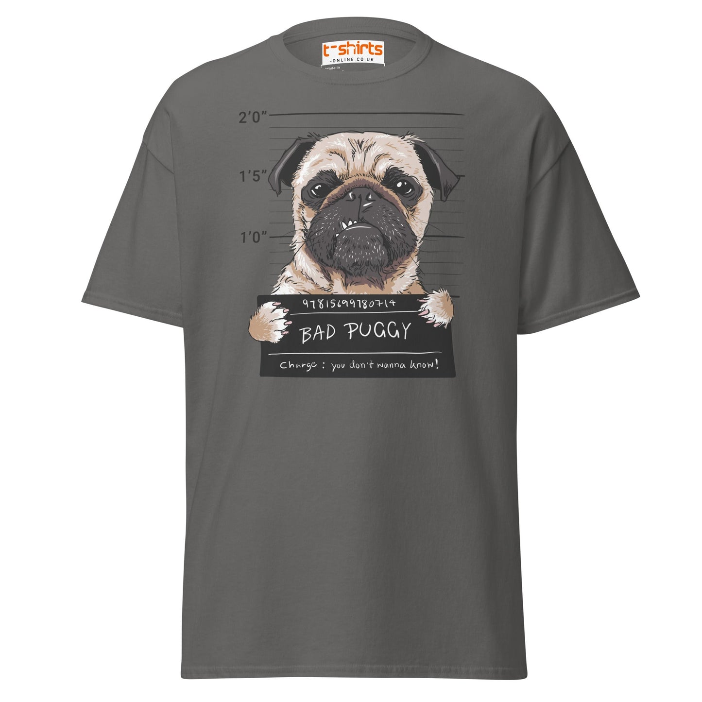 Bad Puggy T-Shirt | Funny Dog Mugshot Tee - Charcoal - T-Shirts Online