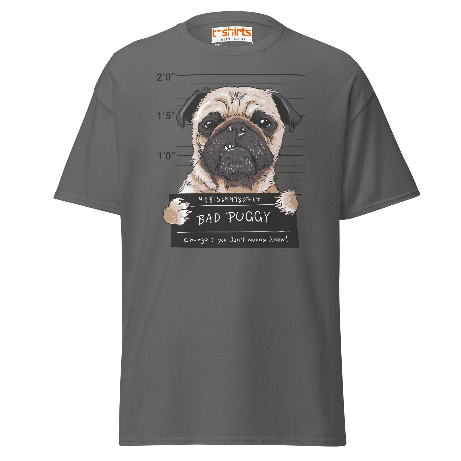 Bad Puggy T-Shirt | Funny Dog Mugshot Tee - Charcoal - T-Shirts Online