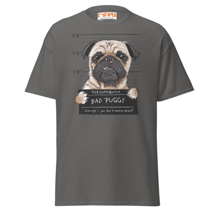 Bad Puggy T-Shirt | Funny Dog Mugshot Tee - Charcoal - T-Shirts Online