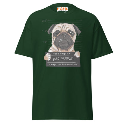 Bad Puggy T-Shirt | Funny Dog Mugshot Tee - Forest Green - T-Shirts Online