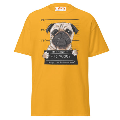Bad Puggy T-Shirt | Funny Dog Mugshot Tee - Gold - T-Shirts Online