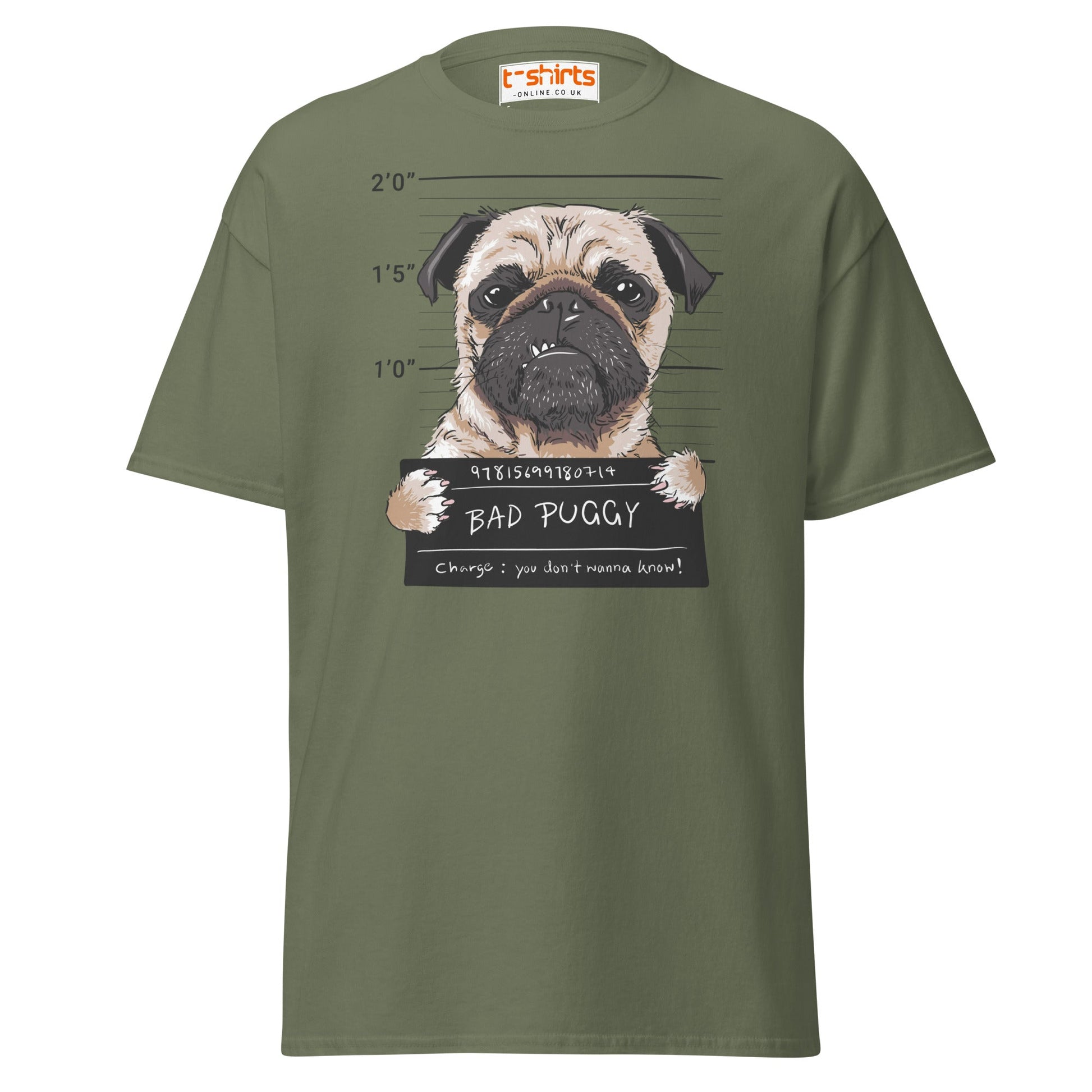 Bad Puggy T-Shirt | Funny Dog Mugshot Tee - Military Green - T-Shirts Online