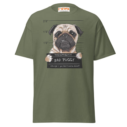 Bad Puggy T-Shirt | Funny Dog Mugshot Tee - Military Green - T-Shirts Online