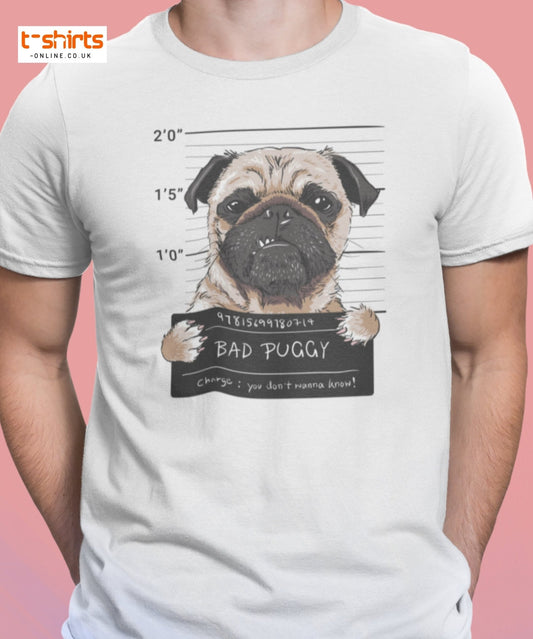Bad Puggy T-Shirt | Funny Dog Mugshot Tee - Navy - T-Shirts Online