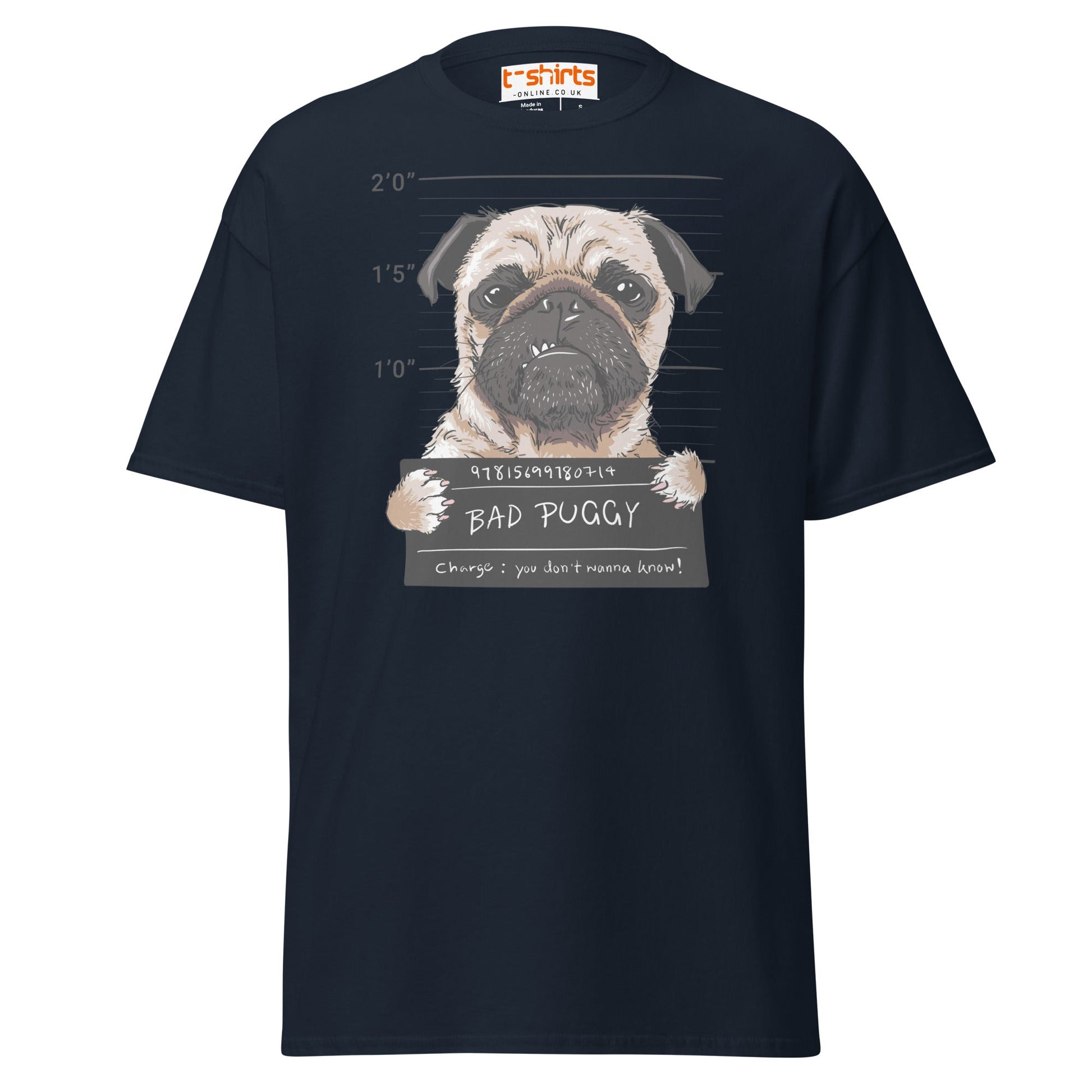 Bad Puggy T-Shirt | Funny Dog Mugshot Tee - Navy - T-Shirts Online