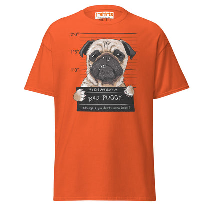 Bad Puggy T-Shirt | Funny Dog Mugshot Tee - Orange - T-Shirts Online