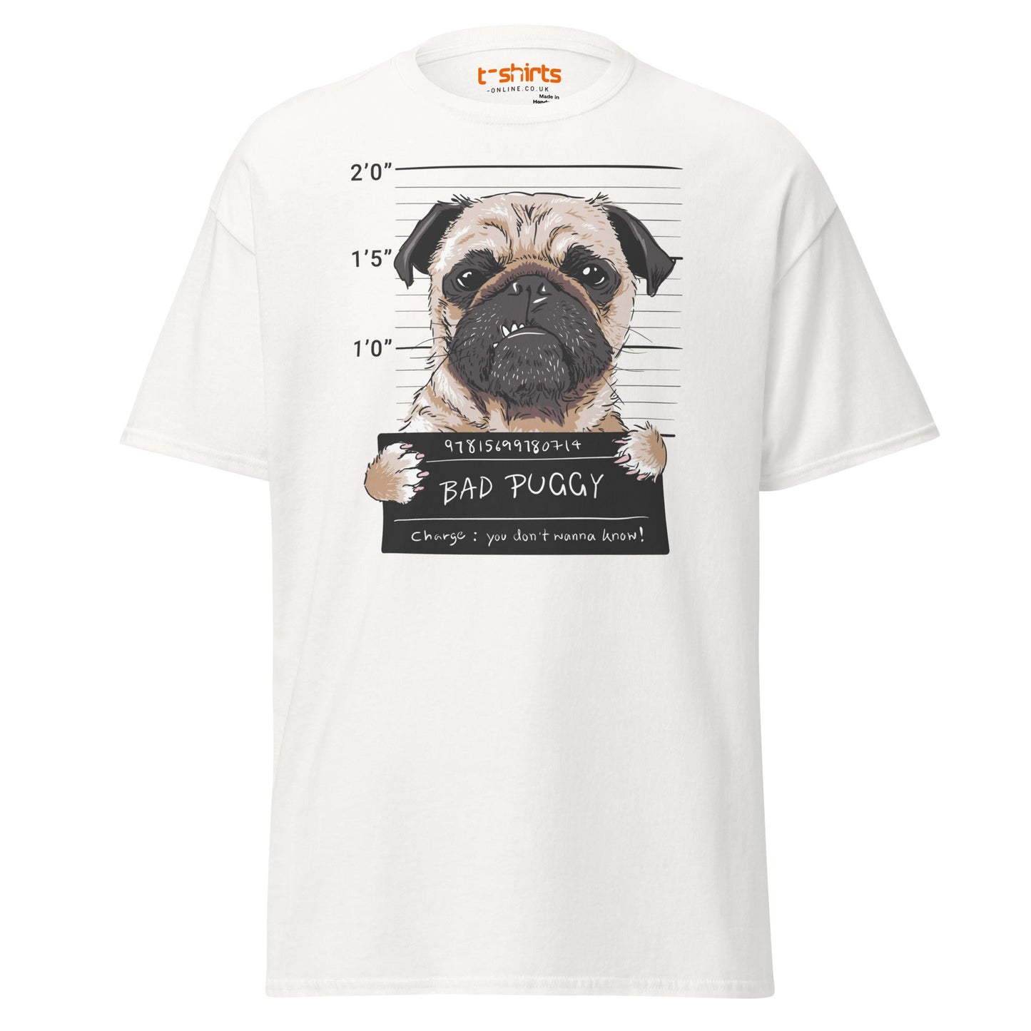 Bad Puggy T-Shirt | Funny Dog Mugshot Tee - White - T-Shirts Online