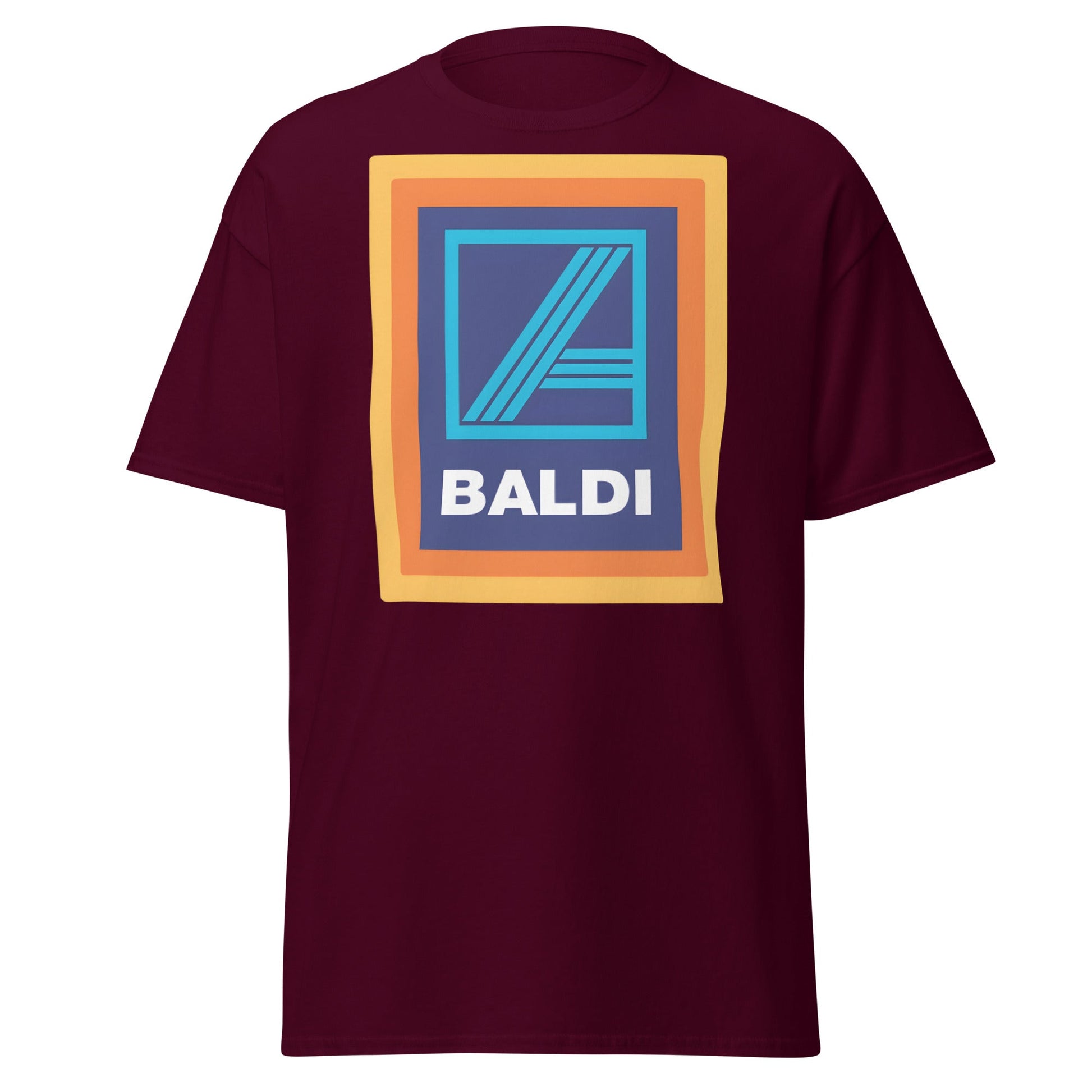 BALDI Supermarket Parody Logo T-Shirt - Funny Grocery Tee - Maroon - T-Shirts Online