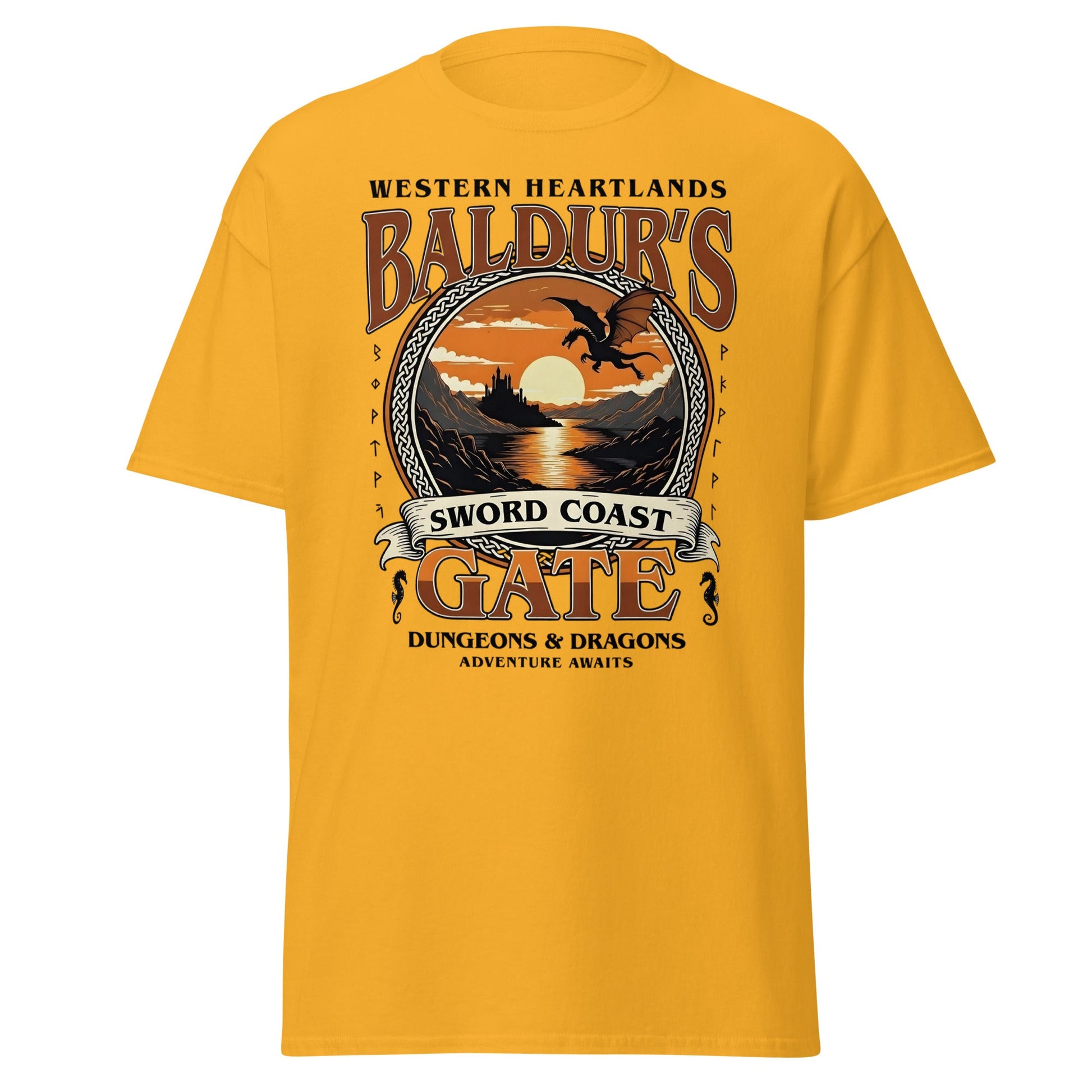 Baldur's Gate Sword Coast T-Shirt - D&D Fantasy Adventure Tee - Gold - T-Shirts Online