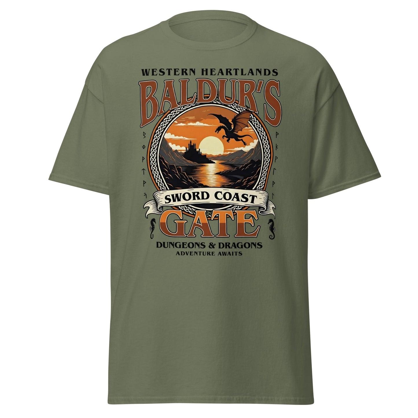 Baldur's Gate Sword Coast T-Shirt - D&D Fantasy Adventure Tee - Military Green - T-Shirts Online