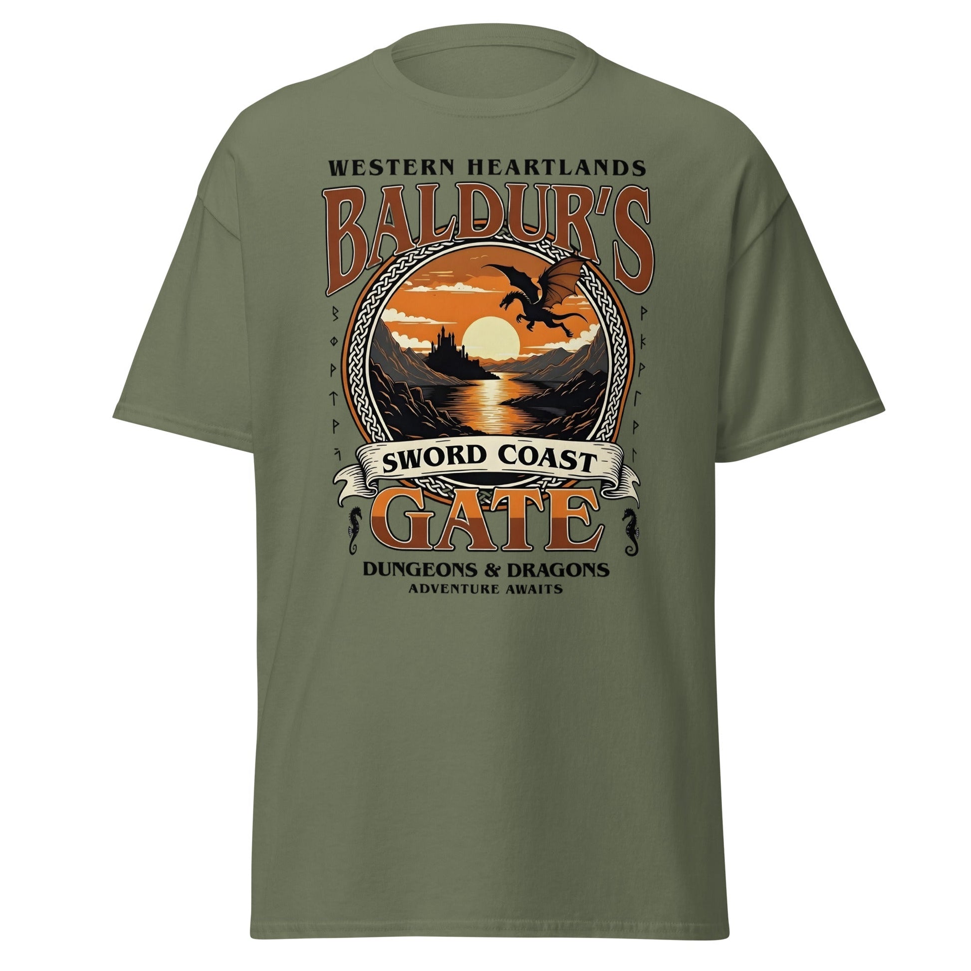 Baldur's Gate Sword Coast T-Shirt - D&D Fantasy Adventure Tee - Military Green - T-Shirts Online
