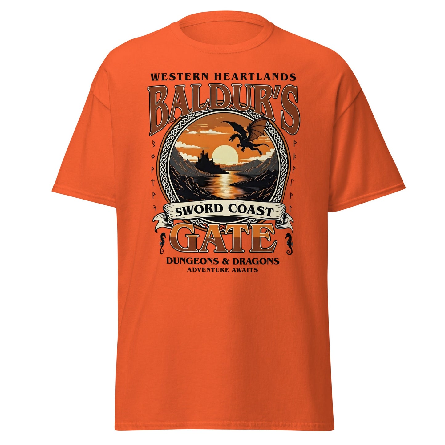 Baldur's Gate Sword Coast T-Shirt - D&D Fantasy Adventure Tee - Orange - T-Shirts Online