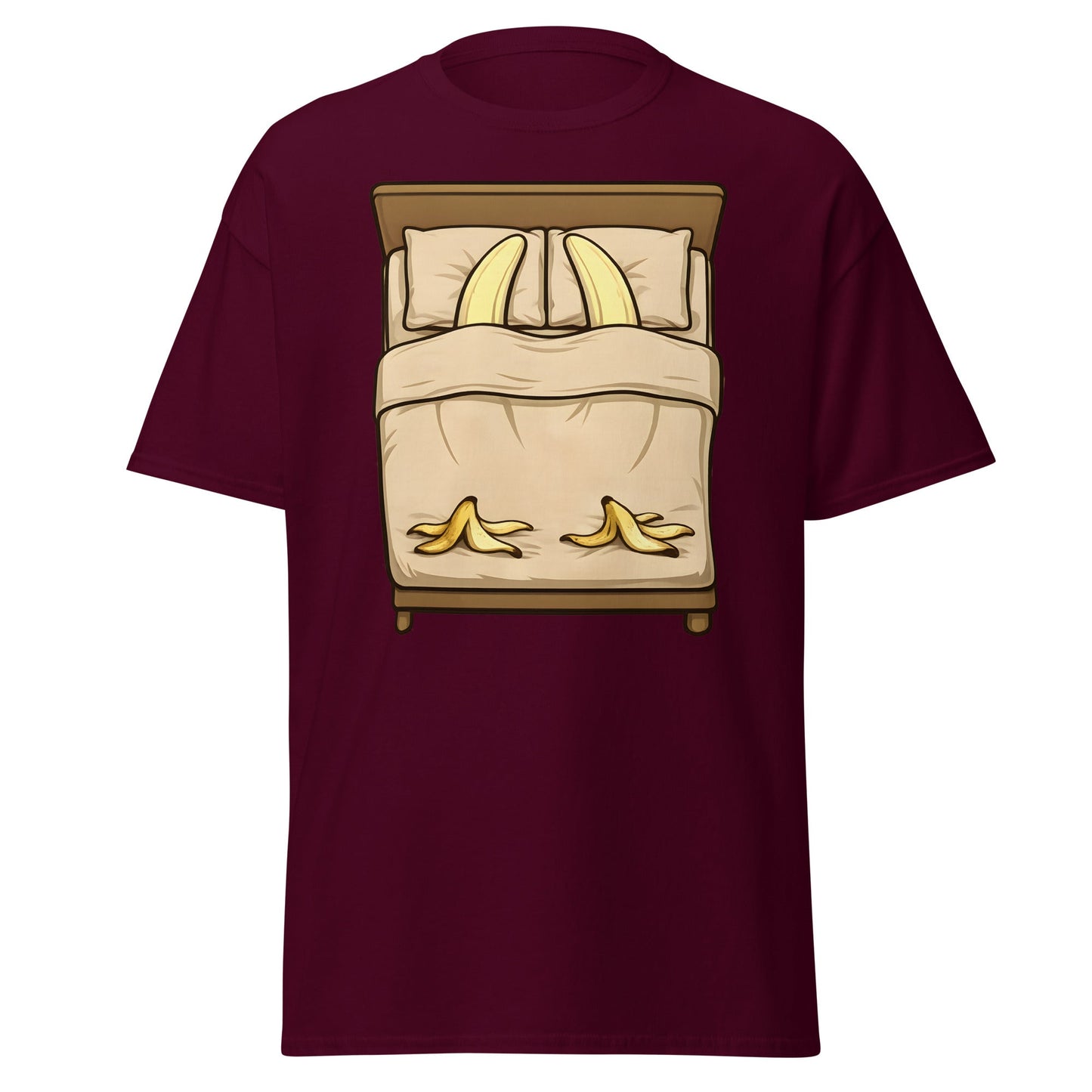 Banana in Bed Funny T-Shirt - Clever Graphic Humor Tee - Maroon - T-Shirts Online