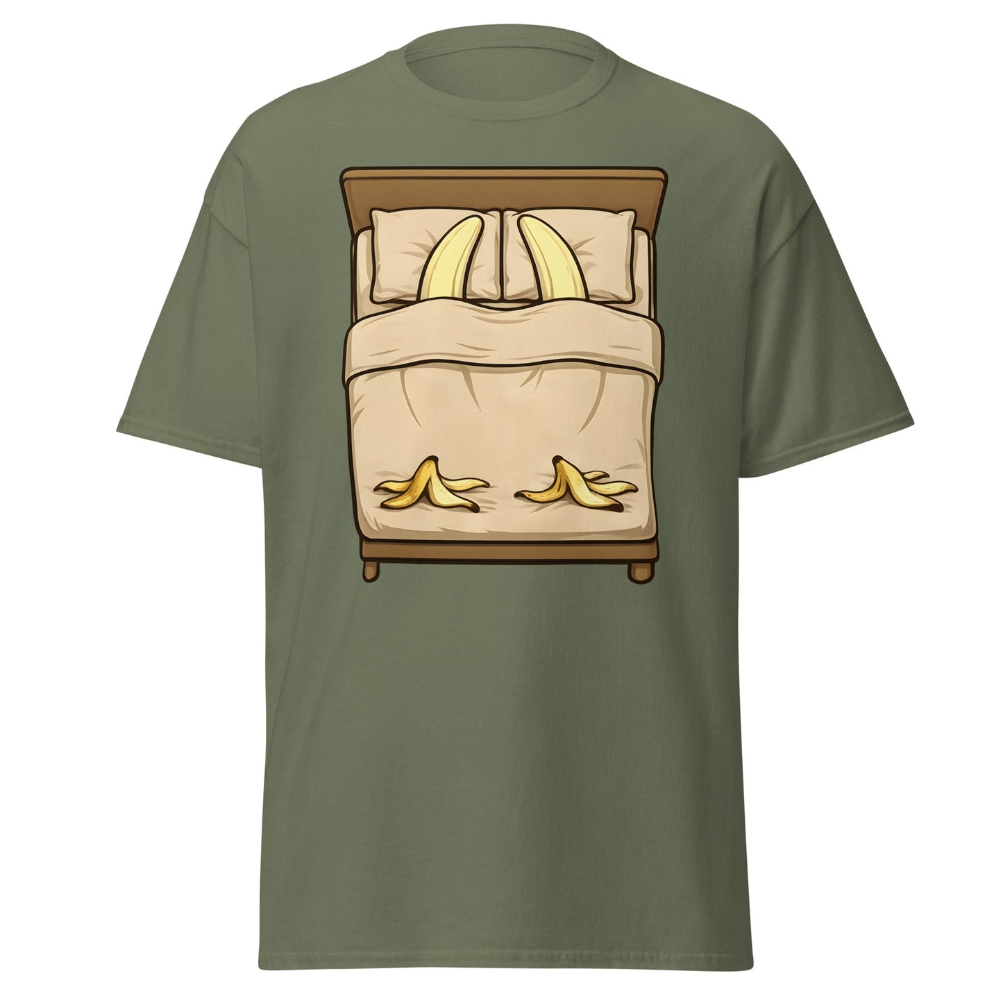 Banana in Bed Funny T-Shirt - Clever Graphic Humor Tee - Military Green - T-Shirts Online