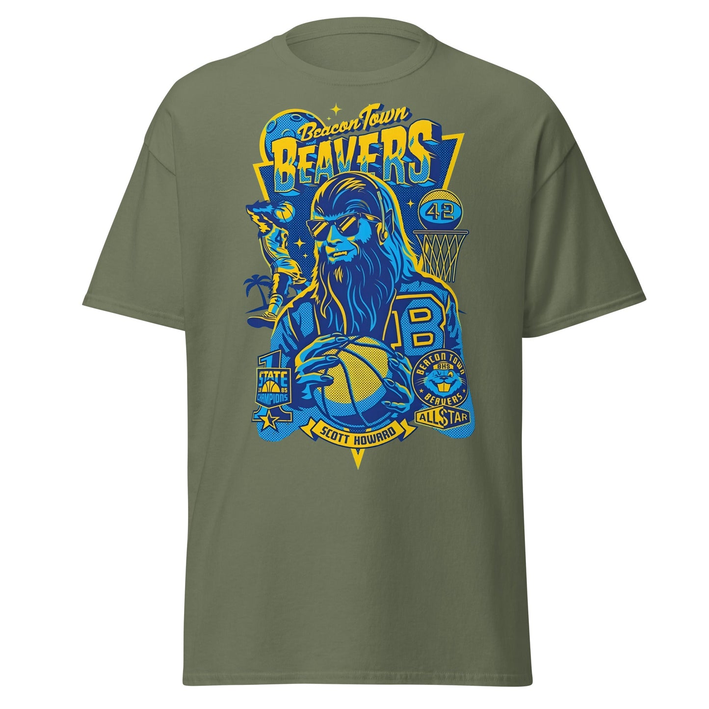 Beacon Town Beavers Basketball T-Shirt – Retro 80s Tee - Military Green - T-Shirts Online