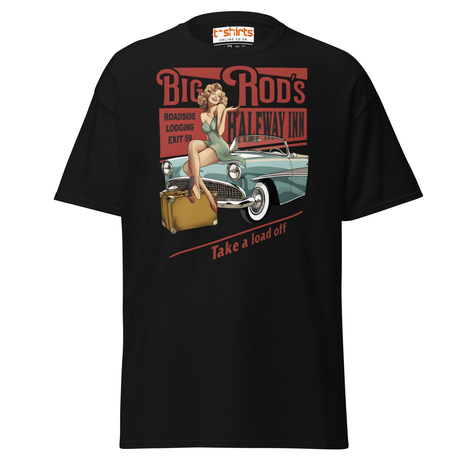 Big Rod’s Halfway Inn Retro Pin - Up Classic Car T-Shirt - Black - T-Shirts Online