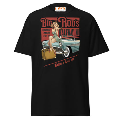 Big Rod’s Halfway Inn Retro Pin - Up Classic Car T-Shirt - Black - T-Shirts Online