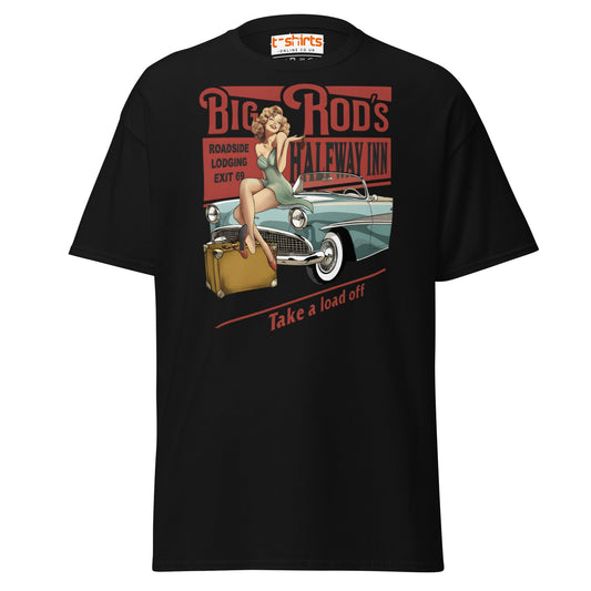 Big Rod’s Halfway Inn Retro Pin - Up Classic Car T-Shirt - Black - T-Shirts Online