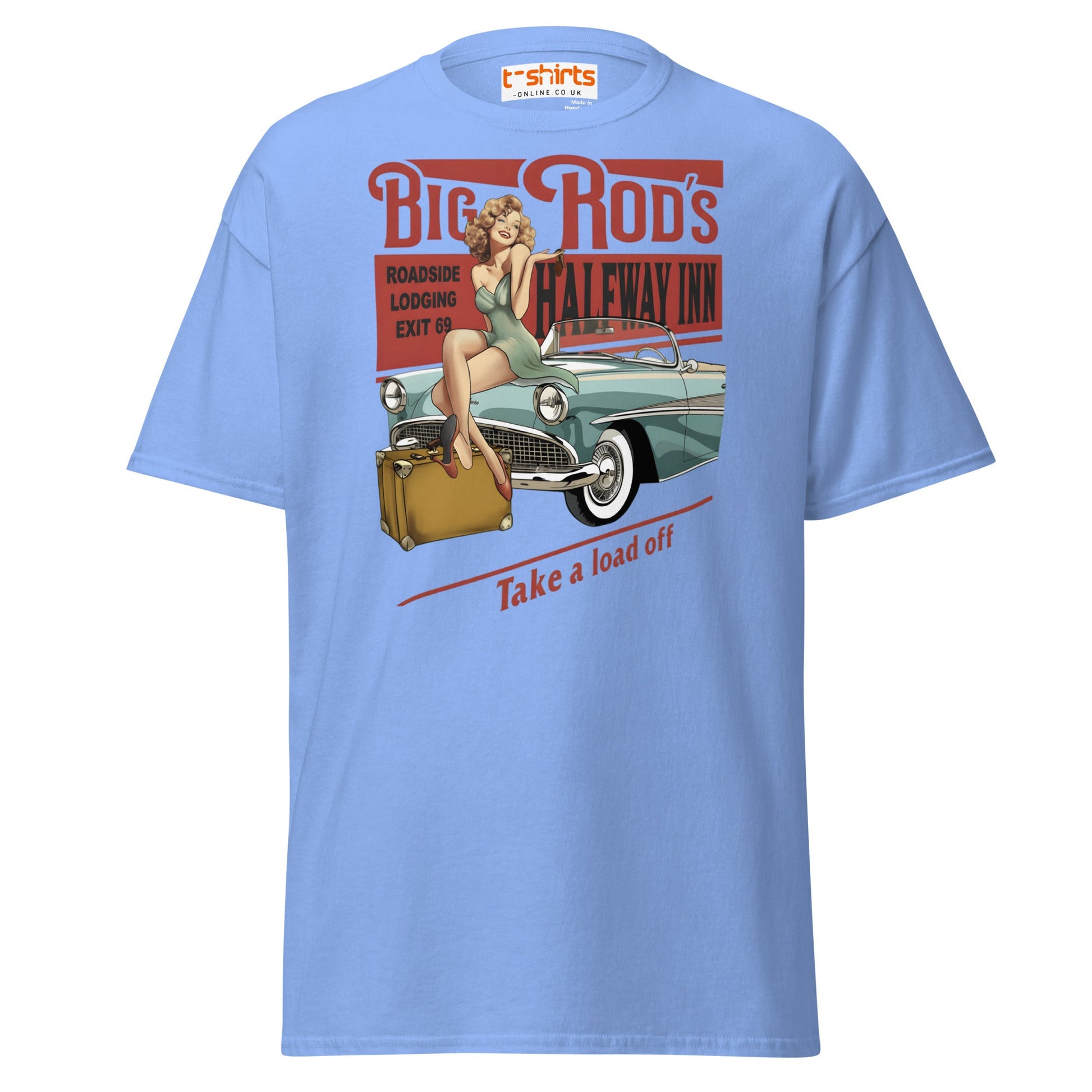 Big Rod’s Halfway Inn Retro Pin - Up Classic Car T-Shirt - Carolina Blue - T-Shirts Online