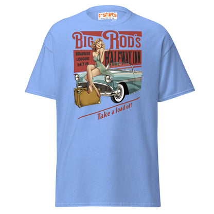 Big Rod’s Halfway Inn Retro Pin - Up Classic Car T-Shirt - Carolina Blue - T-Shirts Online