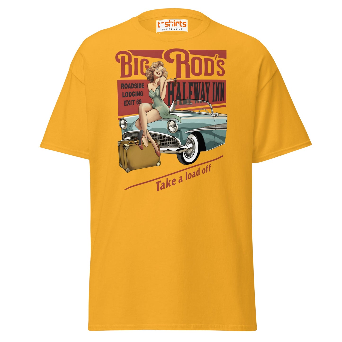 Big Rod’s Halfway Inn Retro Pin - Up Classic Car T-Shirt - Gold - T-Shirts Online