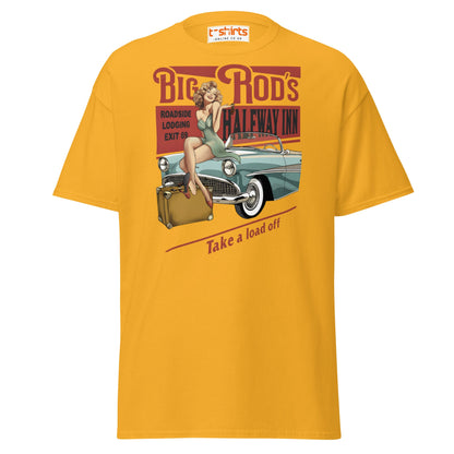 Big Rod’s Halfway Inn Retro Pin - Up Classic Car T-Shirt - Gold - T-Shirts Online