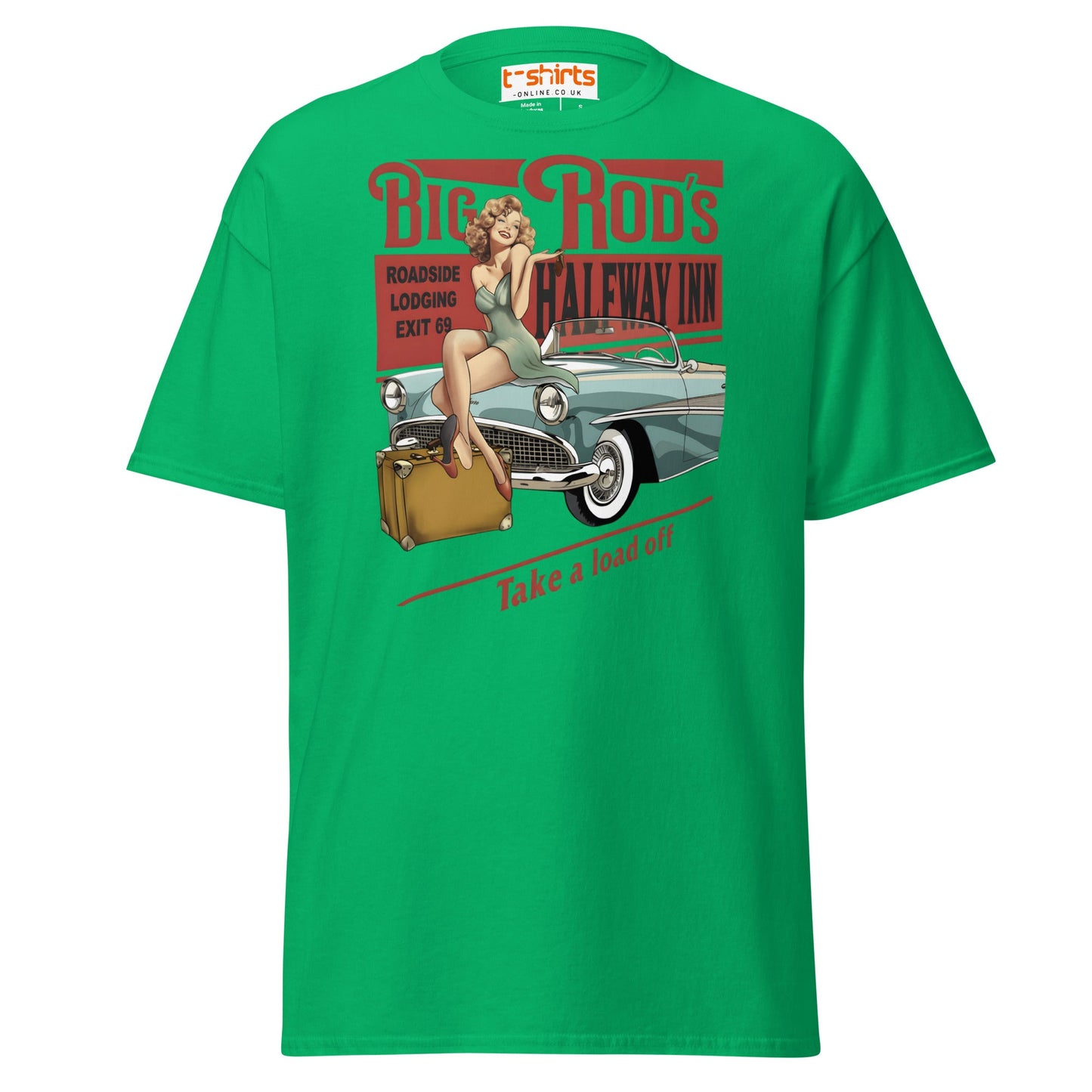 Big Rod’s Halfway Inn Retro Pin - Up Classic Car T-Shirt - Irish Green - T-Shirts Online