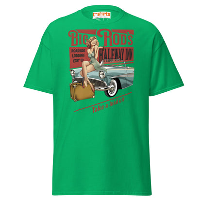 Big Rod’s Halfway Inn Retro Pin - Up Classic Car T-Shirt - Irish Green - T-Shirts Online