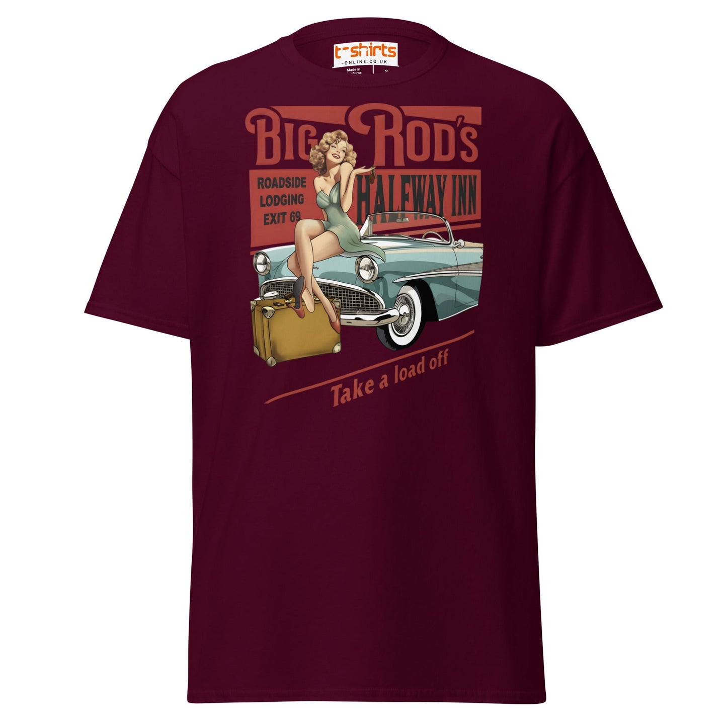 Big Rod’s Halfway Inn Retro Pin - Up Classic Car T-Shirt - Maroon - T-Shirts Online