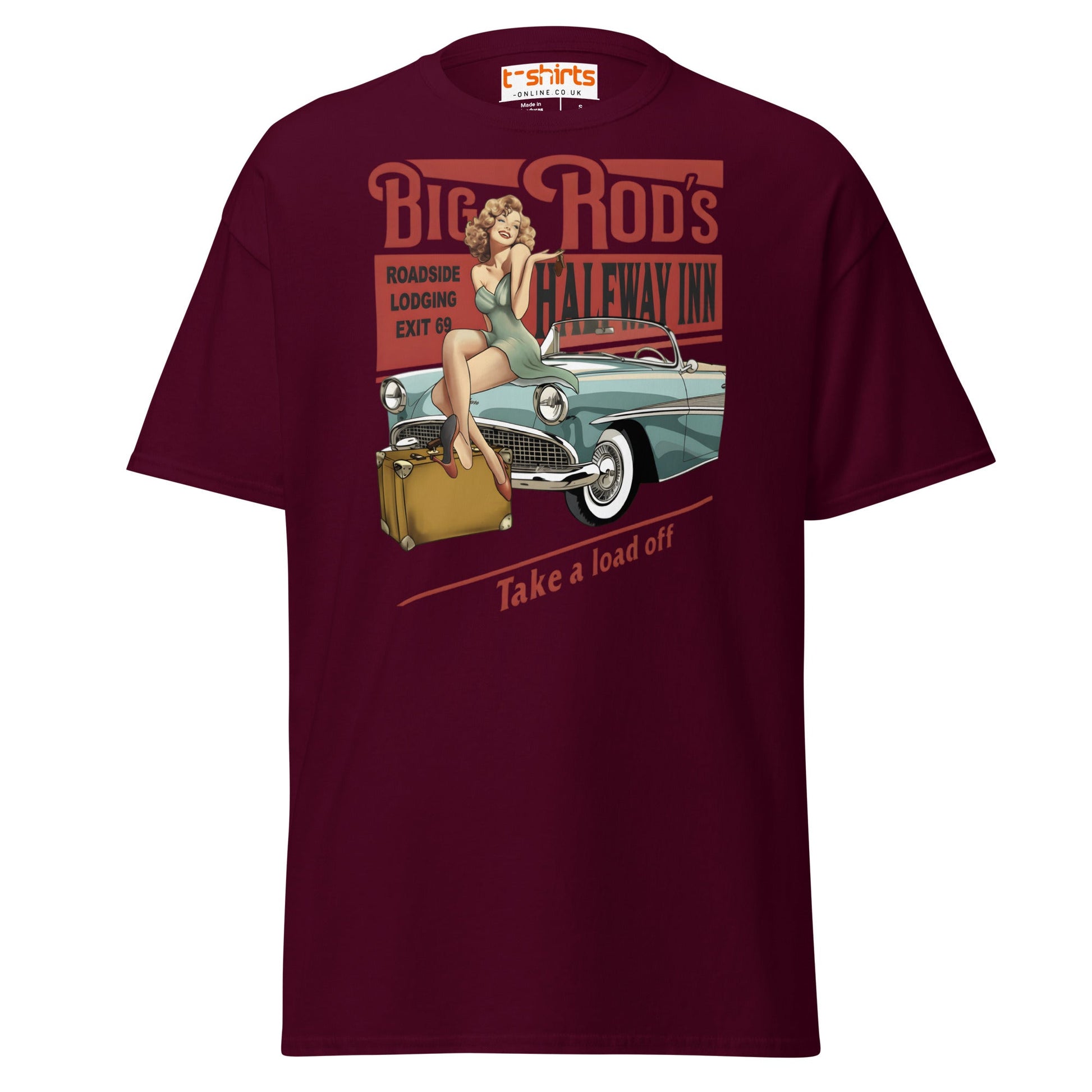 Big Rod’s Halfway Inn Retro Pin - Up Classic Car T-Shirt - Maroon - T-Shirts Online