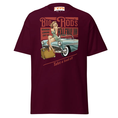 Big Rod’s Halfway Inn Retro Pin - Up Classic Car T-Shirt - Maroon - T-Shirts Online