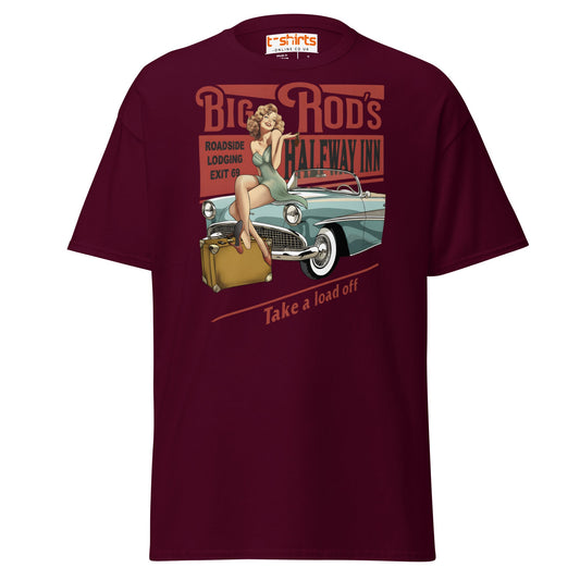 Big Rod’s Halfway Inn Retro Pin - Up Classic Car T-Shirt - Maroon - T-Shirts Online