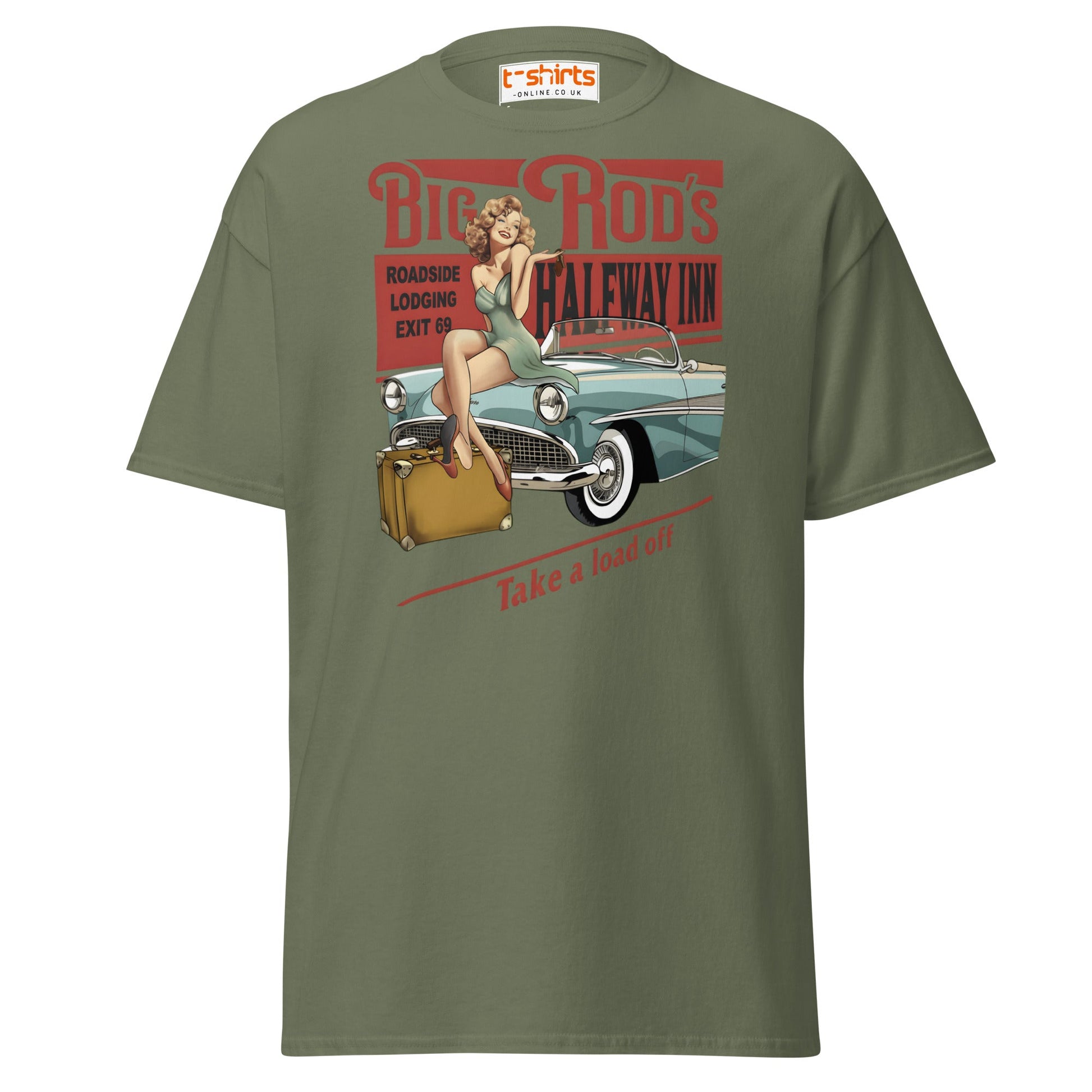 Big Rod’s Halfway Inn Retro Pin - Up Classic Car T-Shirt - Military Green - T-Shirts Online