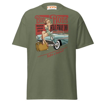Big Rod’s Halfway Inn Retro Pin - Up Classic Car T-Shirt - Military Green - T-Shirts Online