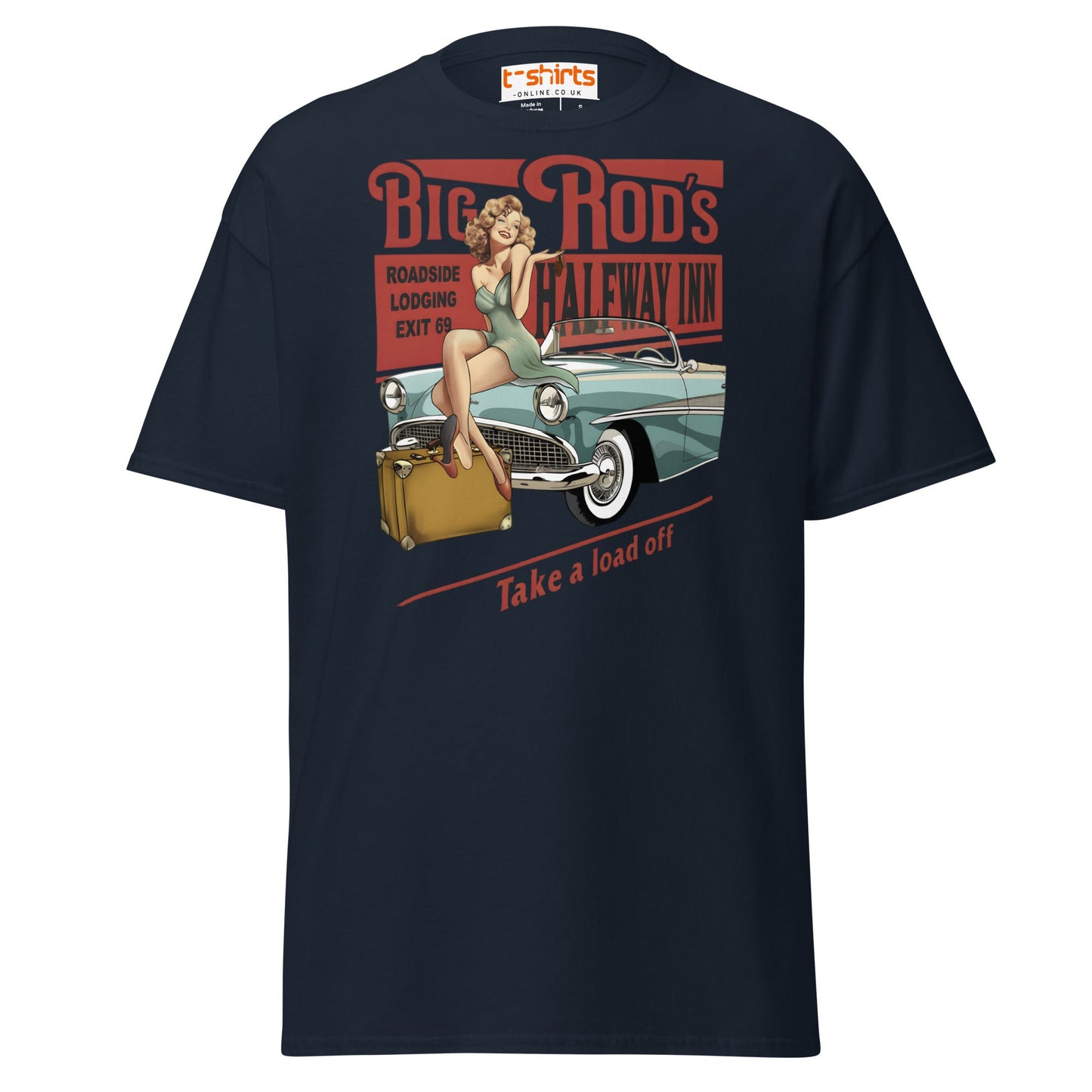 Big Rod’s Halfway Inn Retro Pin - Up Classic Car T-Shirt - Navy - T-Shirts Online